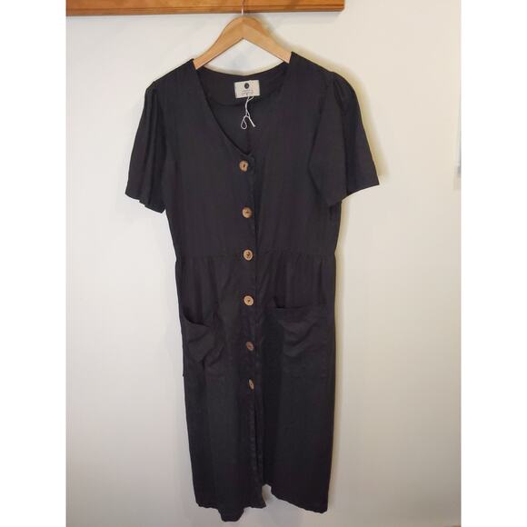 NAMNA Dresses & Skirts - NAMNA Black Linen Button Front Dress Short Sleeve Women's Medium